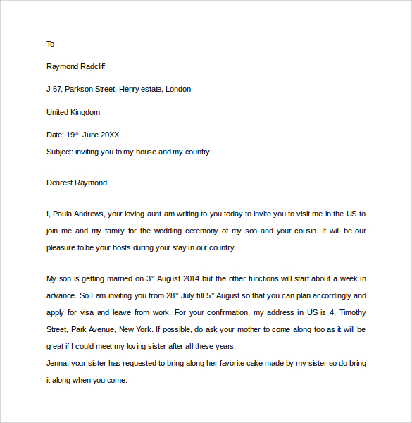  Sample Invitation Letter For Visitor Visa For Brother