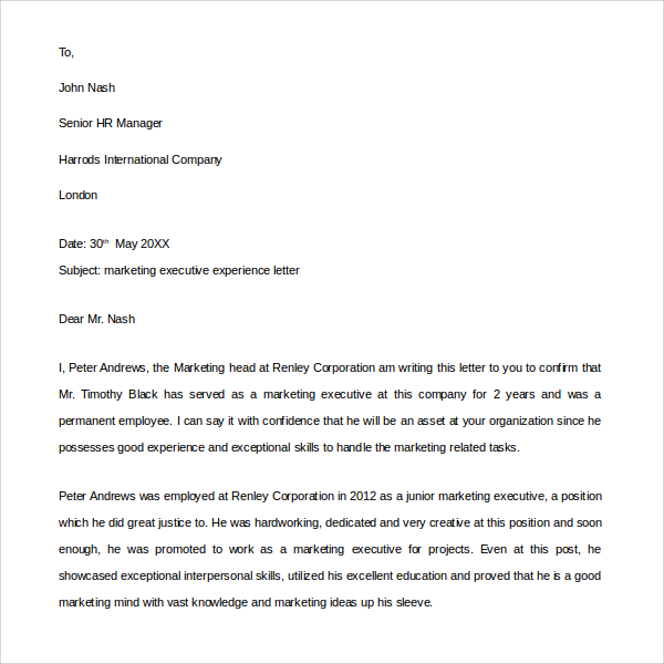 marketing executive experience letter1
