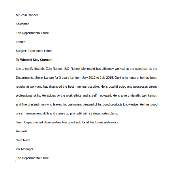 Experience Letter For Area Sales Manager