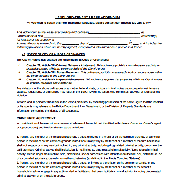 landlord lease addendum form