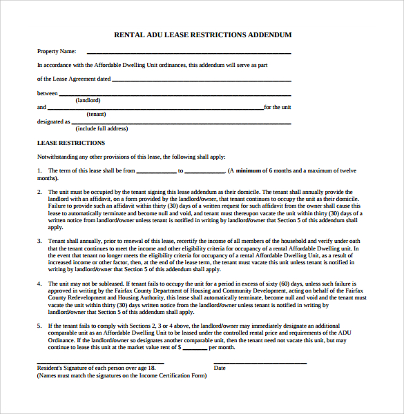 rental lease addendum form
