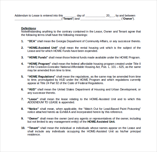 home addendum form to lease