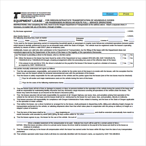 sample equipment lease form