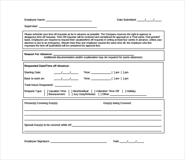 sample time off request form