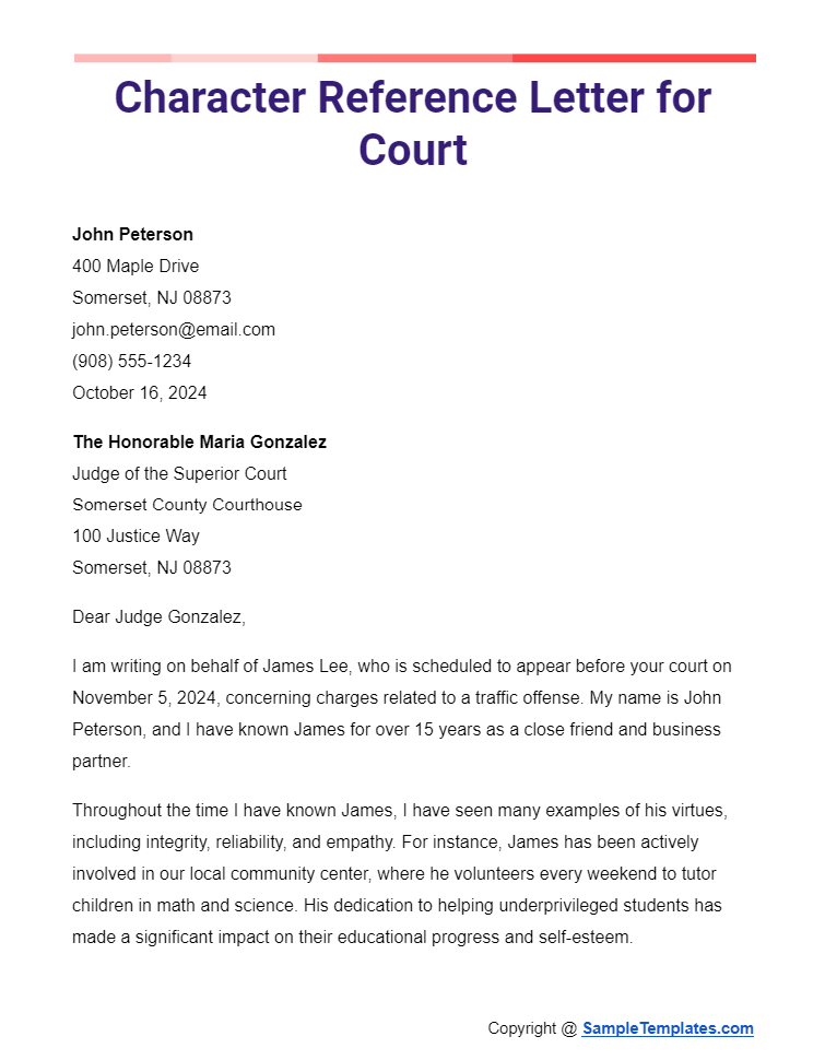 character reference letter for court