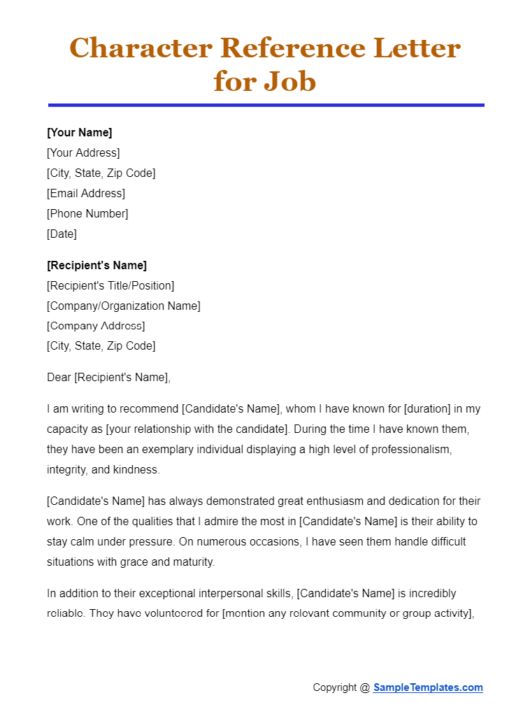 character reference letter for job