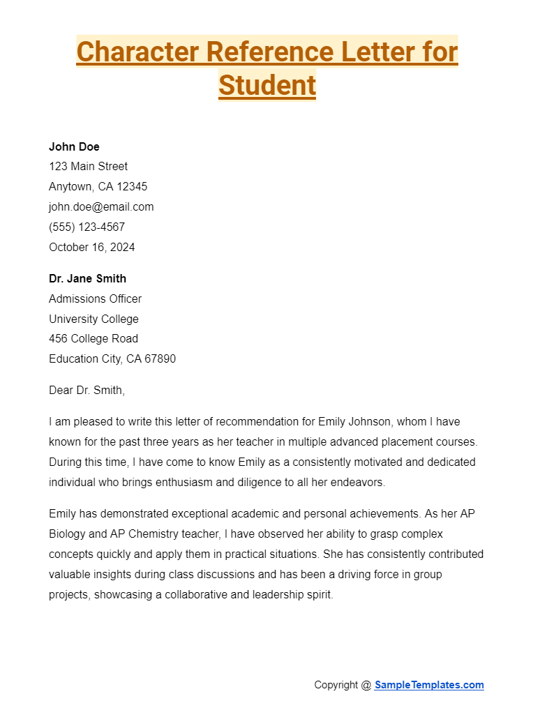 character reference letter for student