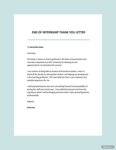 end of internship thank you letter template