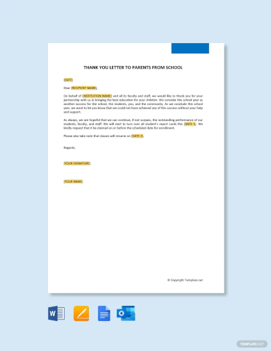 free thank you letter to parents from school template