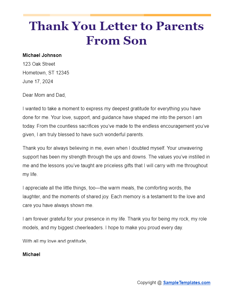 thank you letter to parents from son