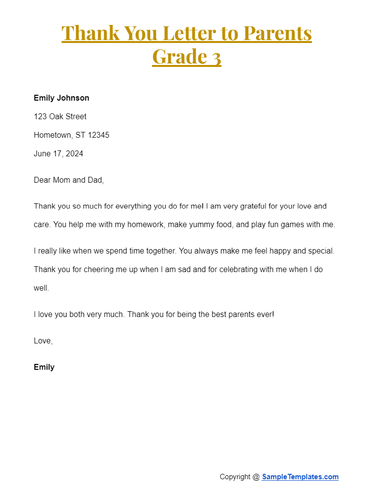 thank you letter to parents grade 3