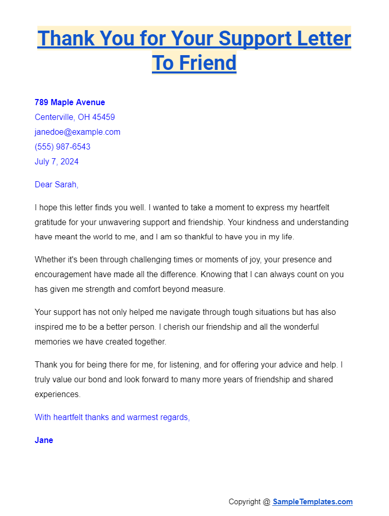 thank you for your support letter to friend