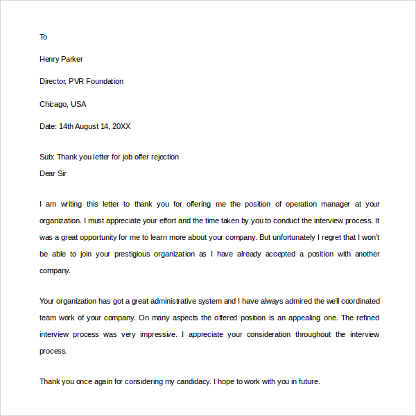 Thank You Letter After Not Getting The Job from images.sampletemplates.com