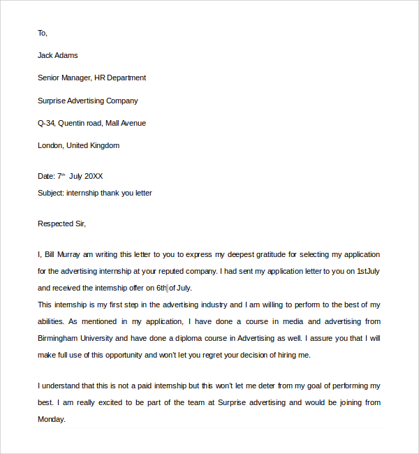 Sample Internship Thank You Letter - 9+ Free Documents in 