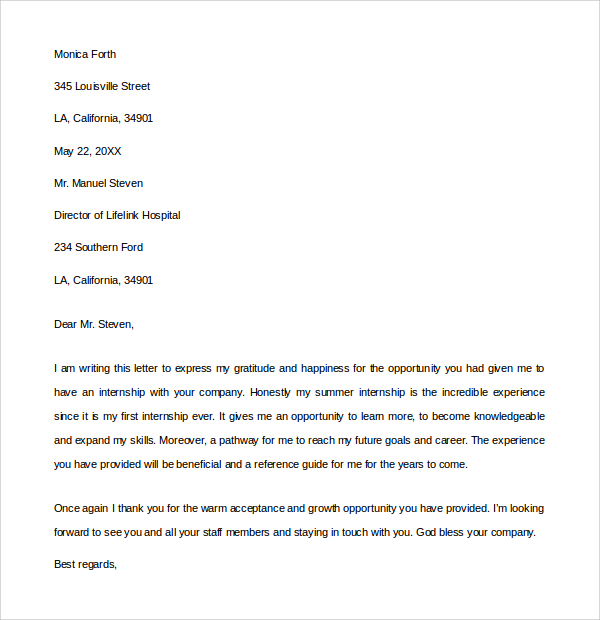 Sample Internship Thank You Letter - 9+ Free Documents in PDF, Word