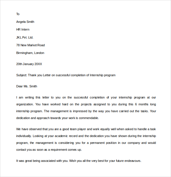 Free 9+ Sample Internship Thank You Letter Templates In Pdf | Ms Word