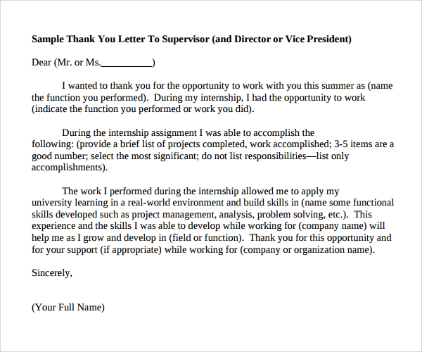 Internship Thank You Letter Template