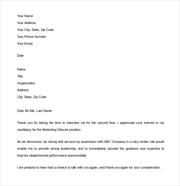 Sample Thank You Letter After Second Interview - Download Free ...