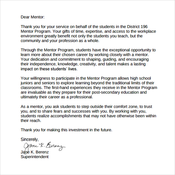 free editable thank you letter to mentor