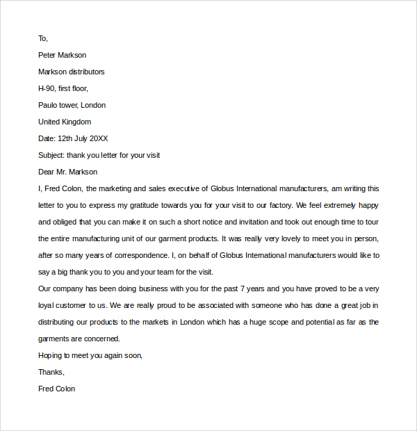 thank you letter to customer after factory visit