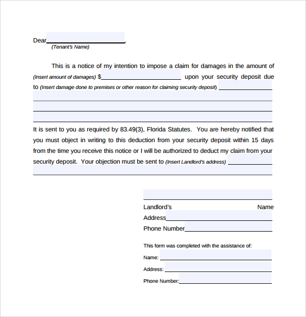 rent deposit on assignment of lease