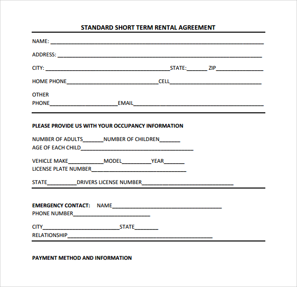 standard short term rental contract form