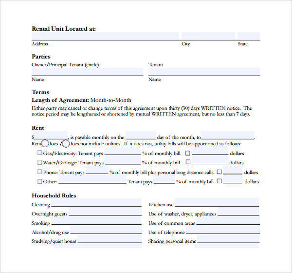 simple short term rental contract form