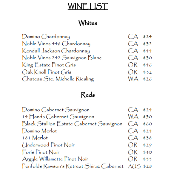 menus printable sample Wine Menu  Documents 12  PDF Sample PSD, Download in Template