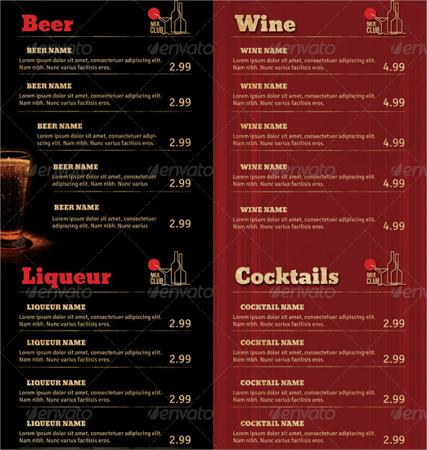 spectacular drink menu template