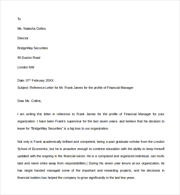 manager financial reference letter