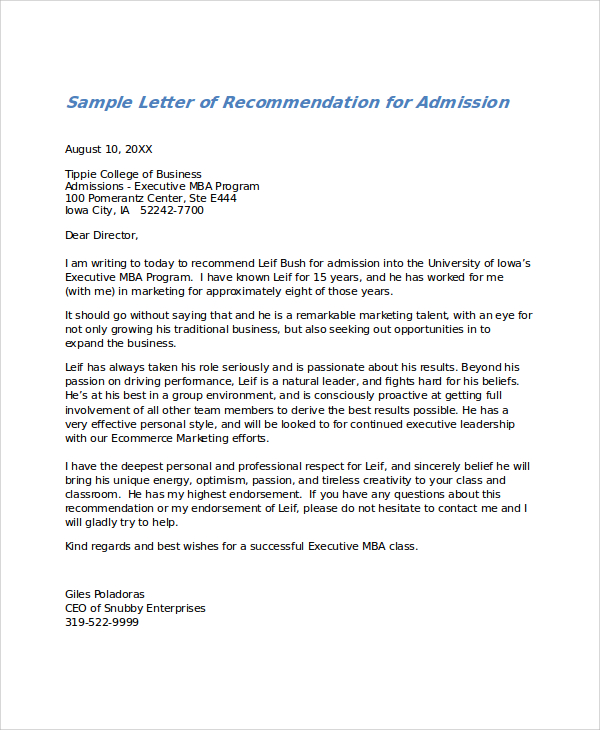 letter of recommendation for admission