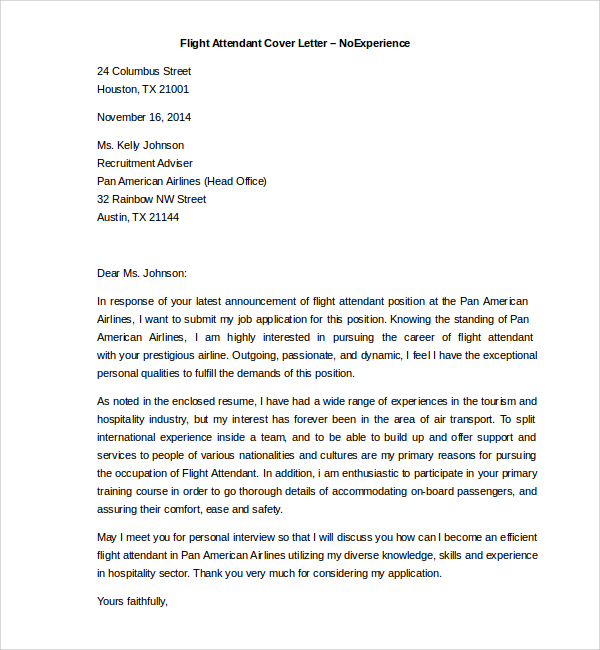 sample flight attendant cover letter 6 free documents
