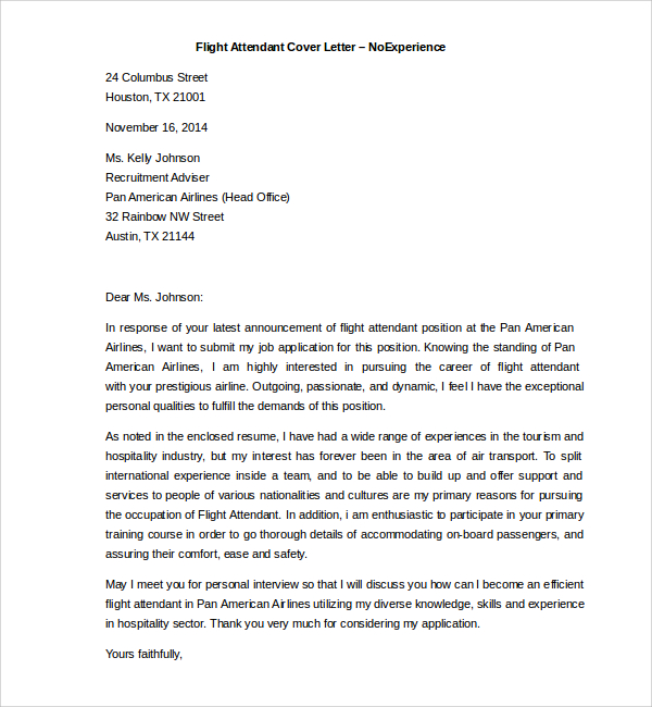 non experienced flight attendant cover letter