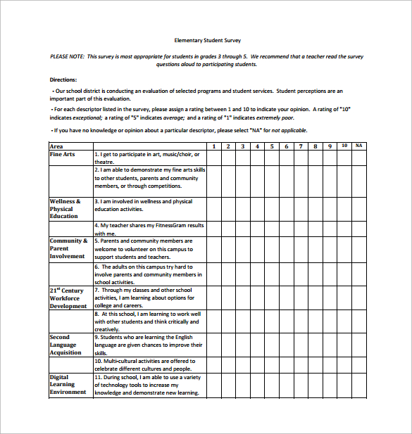 elementary student survey free pdf