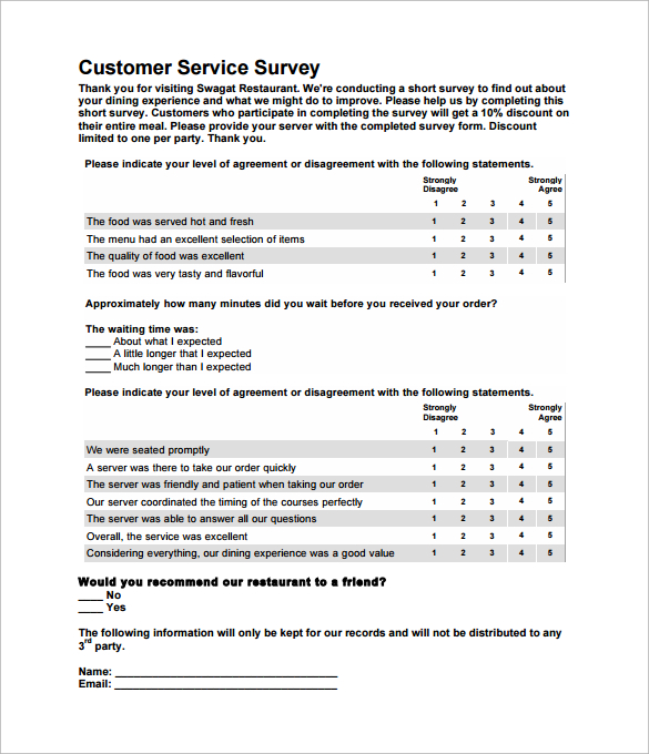 resataurant customer service survey free pdf