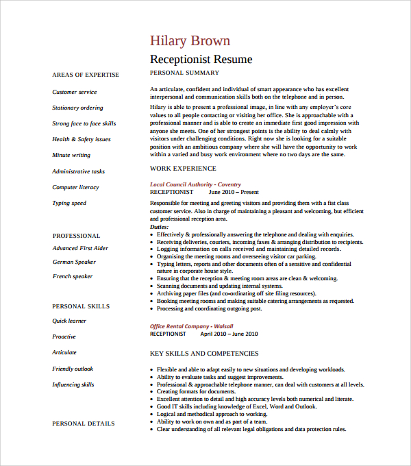receptionist resume template