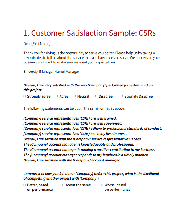 customer satisfaction survey question sample