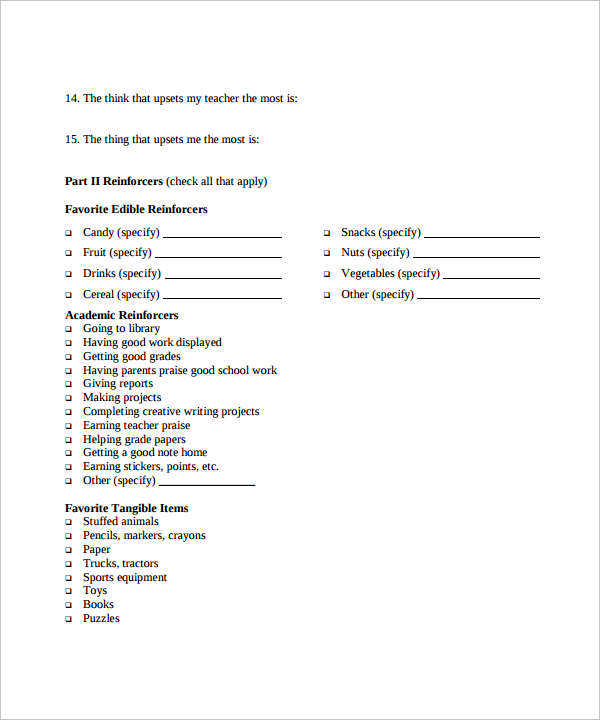 student reinforcement blank survey