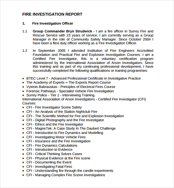 fire investigation report template