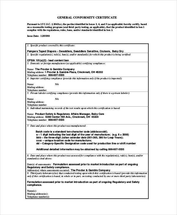 conformity certificate template pdf