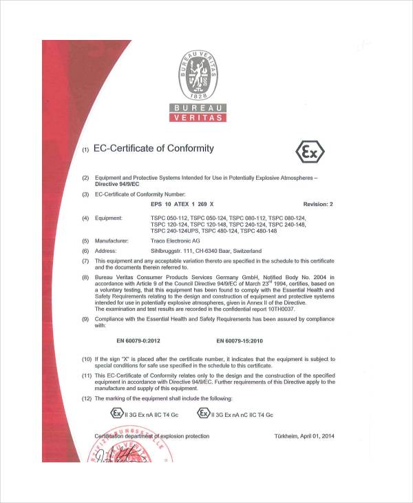 ec certificate of conformity template