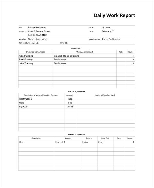 employee daily work report template