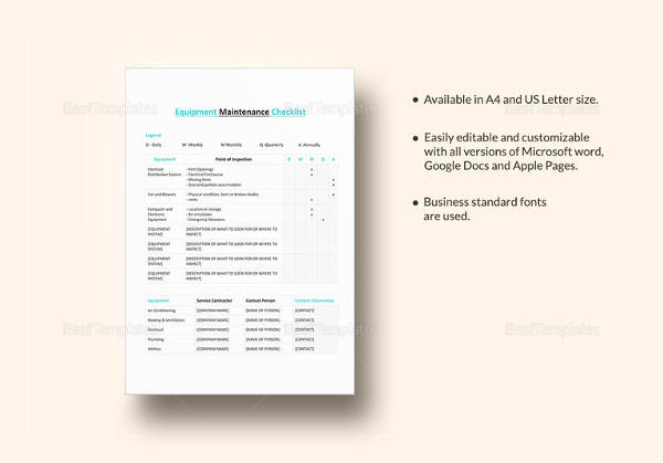 equipment maintenance checklist