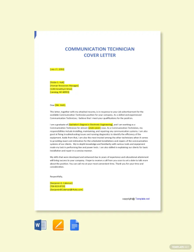free communication technician cover letter template