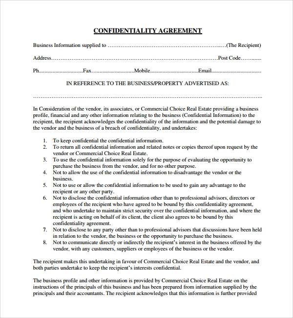 free real estate confidentiality agreement template