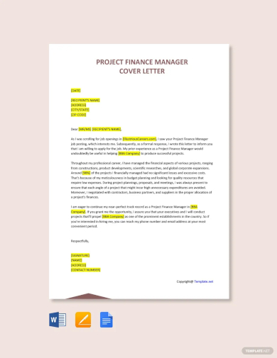 project finance manager cover letter template