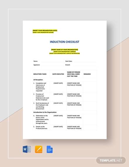 sample induction checklist template