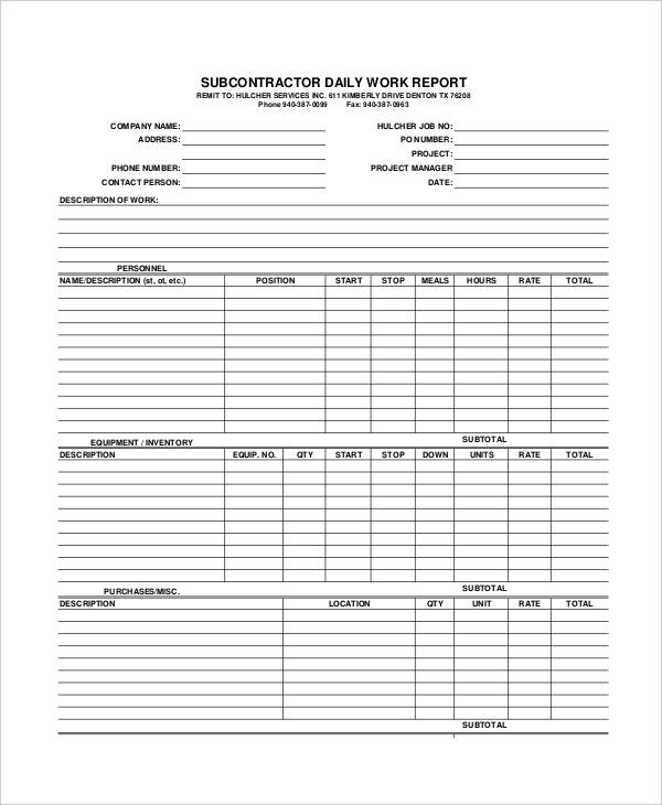 subcontractor daily work report