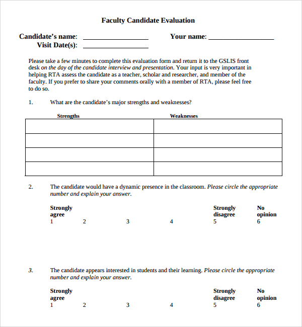 faculty candidate evaluation form