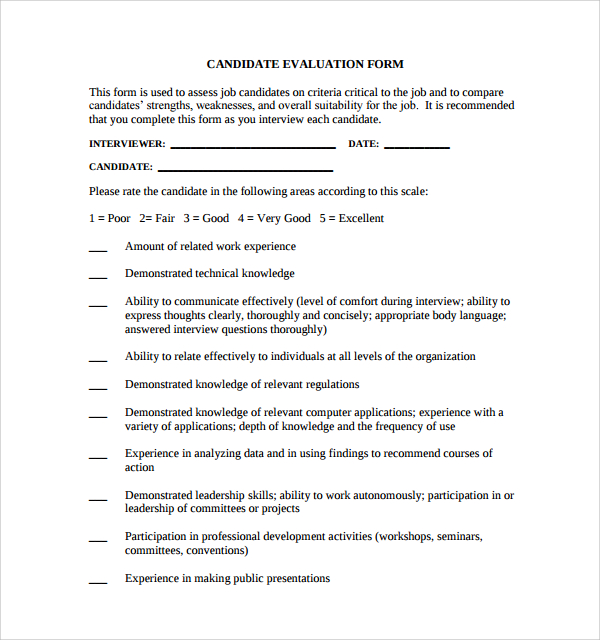candidate evaluation form example